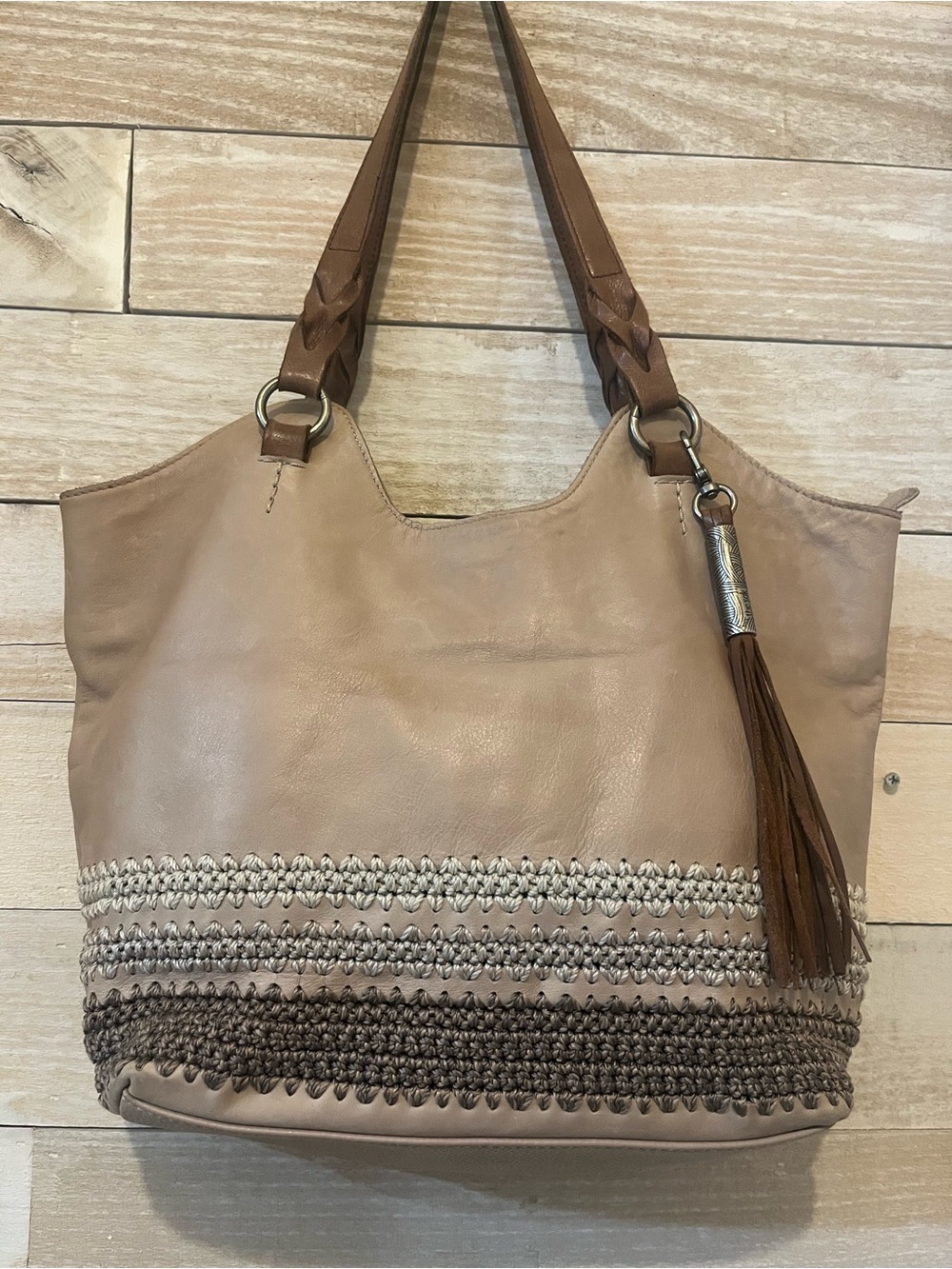 The Sak Taupe Tote with Brown Tassel and Braided Trim Minimalist Neutral